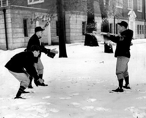 From left, Charles Price, Ab Tredeman and Jack Moesch play pepper with snowballs during Orioles training camp at Gilman in 1944.